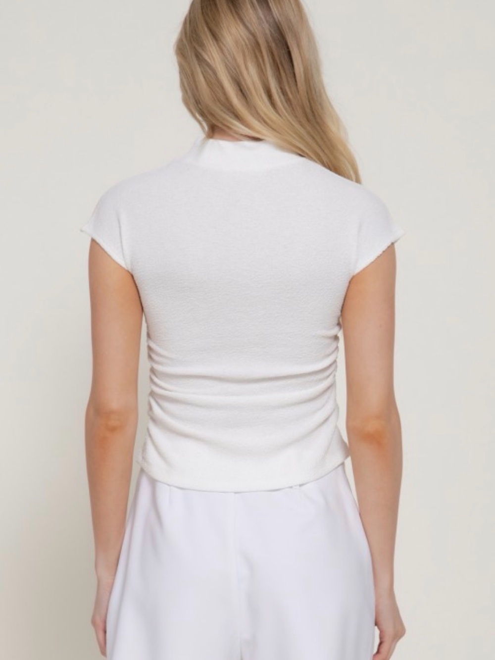 A734. White Short Sleeve Mock Neck Top - Picture 3 of 3